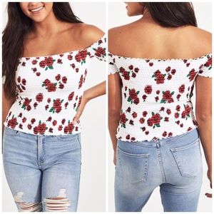 hollister smocked off the shoulder crop top